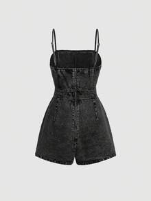 SHEIN MOD 女士牛仔背带裤和连体裤套装，蓝色 - 黑色 - 查看 2