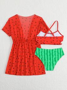 SHEIN Tween Girls 3 PiecesWatermelon Print Bikini Set,Knit Fabric Short Sleeve Rash Guard,Red,Summer,Cute,Beach,Holiday,Fashionable & Elegant,Swimming,Pool - Multicolor - View 2
