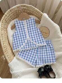 SHEIN Babygirl Summer Cute Vacation Embroidered Hollow-Out Lace Patchwork Sleeveless Top And Elastic Waist Shorts Set - Blue and White - View 6