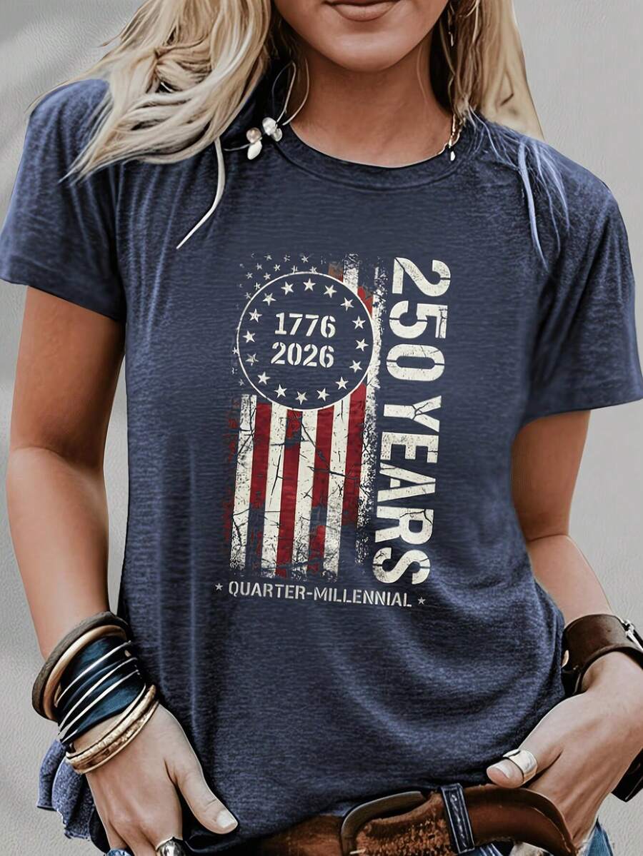 EMERY ROSE Plus Size Women's US Flag Print Round Neck Short Sleeve Casual T-Shirt - Navy Blue - View 1