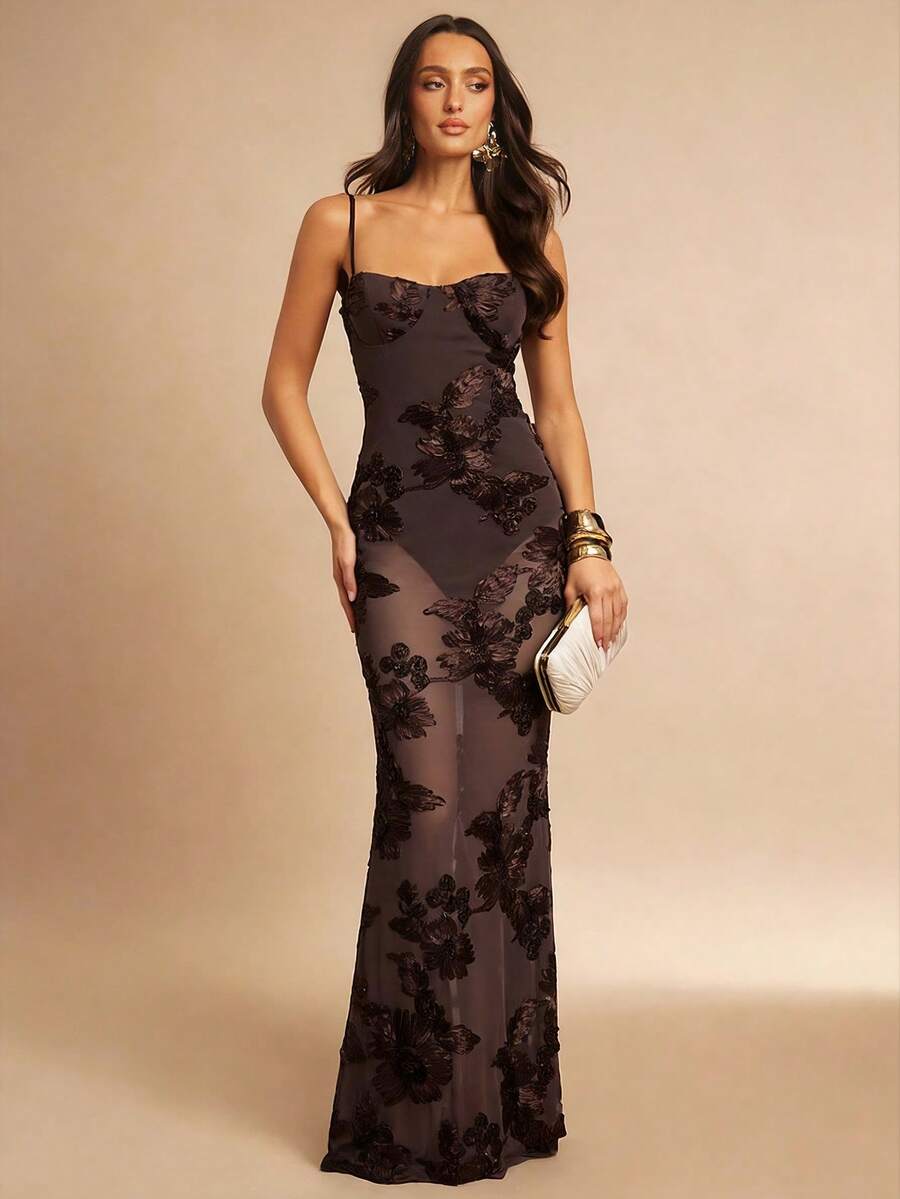 Silquee Robe à bretelles fines en tissu jacquard transparent et sexy pour femmes - Café - Voir 1