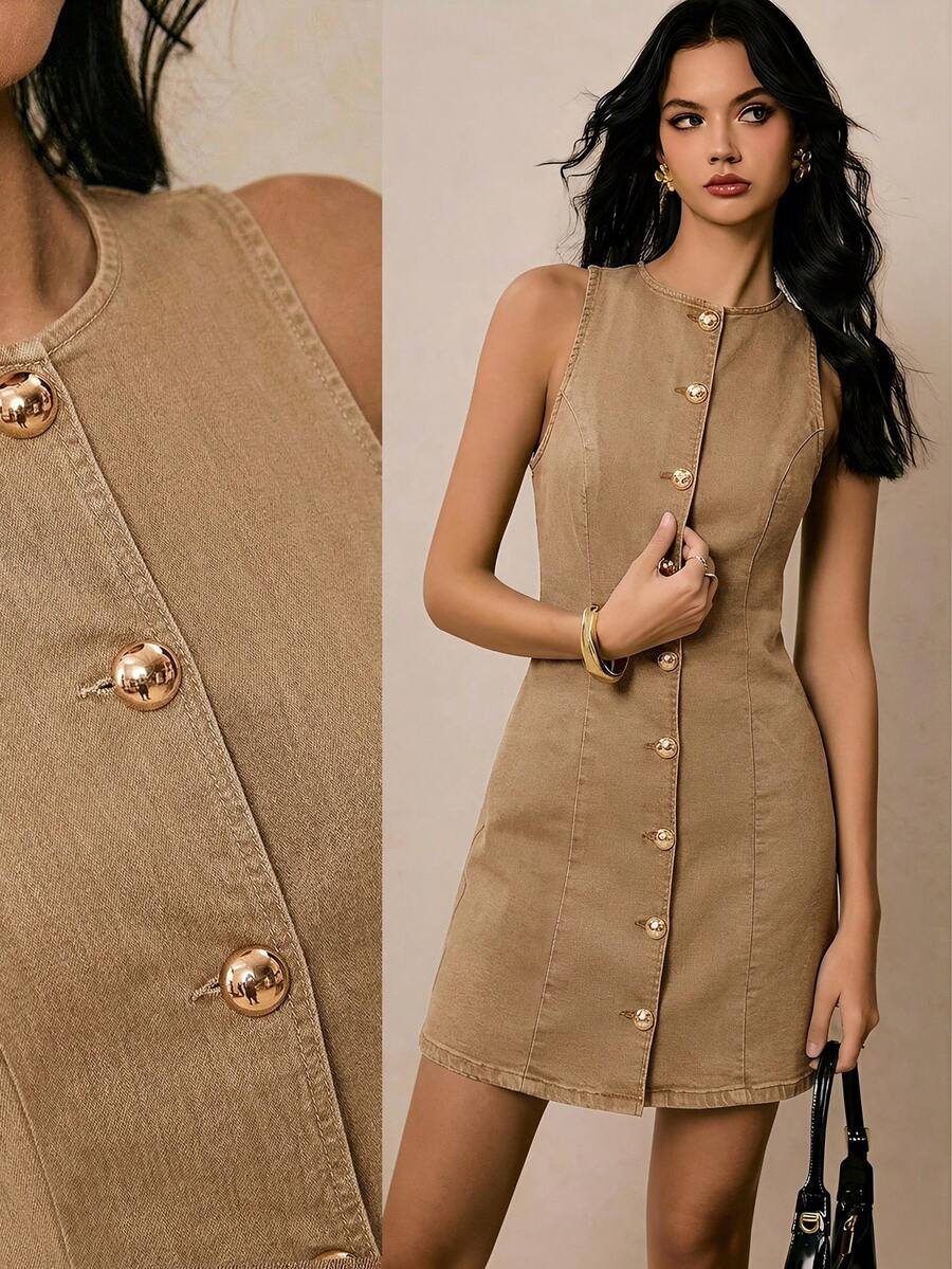 Poéselle Women's Sommer Casual Front Button Sleeveless Denim Dress Everyday Khaki