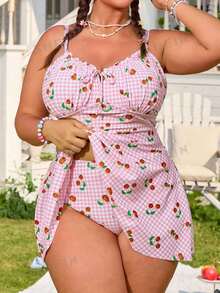 Swim Mod Plus Size Women Cherry Print Rouched Drawstring Hem Top And Matching Triangle Bottoms, Sexy Casual Summer Party Pool Swimsuit Set - Multicolor - View 4