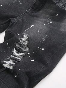 Tween Boy Fashion Casual Grunge Black Dotted Hole Elastic Tight Denim Shorts For Rave Back-To-School Summer - Black - View 4