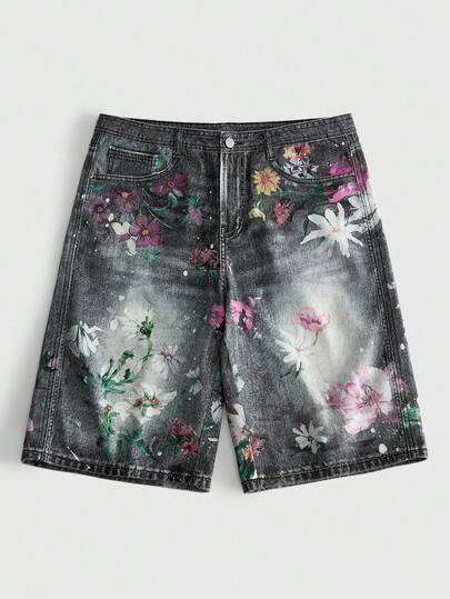 ROMWE MEN Printed Retro Loose Fit Casual Denim Shorts For Men, Versatile Summer Pants