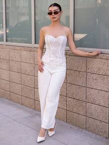 Andrea Bello Sexy Off-The-Shoulder Lace Double-Layer Fitted Corset Bustier Top, Hollow-Out Embroidered, Suitable For Vacation, Nightclub, Wedding Guest, Fall White Boho Top Lace White Top Lace Tops,Island Vacation Outfit,Music Festival Outfit,Cruise Vacation Outfit,Casual Vacation White Corset Tops For Women,Summer Top - White - View 4