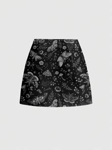 ROMWE Fairycore Dark Butterfly, Sun And Moon, Mysterious Forest Print Mini Skirt With Side Slit, Sexy Style - Black - View 2
