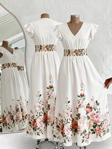 SHEIN Clasi Đầm nữ thanh lịch mới, tay ngắn nhún bèo, eo thắt, thích hợp cho kỳ nghỉ. - Nhiều màu - Xem 3
