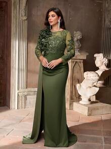 Aureia Plus Size Olive Green Winter Elegant Formal Prom Wedding Boat Neck Beaded Embroidery Patchwork Taffeta Ruffle Trim Long Sleeve High Slit Sheer Dress - Army Green - View 7