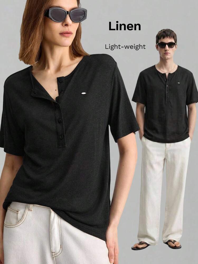 Women's Black Summer Blouse,Semi-Sheer Linen Casual Round Neck Short Sleeve Front Open Dropped Shoulder Chest Metal Accent Office Commute Occasion