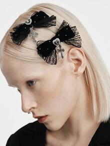 MortiRose 2pcs Gothic Style Lace Ribbon, Crystal Heart & Cross Decor Hair Clips, Suitable For Holiday Outfits, Daily Wear For Gothic Fashion Enthusiasts, Hair Slide, Hair Barrettes, Hair Accessories, Party, Head Accessories, Hairpin - Black - View 1