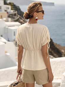 SHEIN Holidaya Women's Spring/Summer Casual Sexy Vacation Comfortable Outerwear, Deep V-Neck Bow Decor Ruched Waist A-Line Blouse Golf White - Apricot - View 2