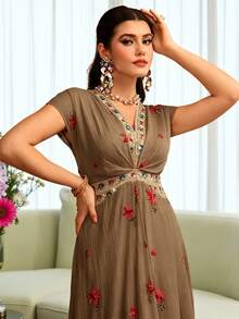 Al Najma Embroidered V-Neck Cinched Waist Short Sleeve Flared Elegant Dress For Women - Brown - View 5