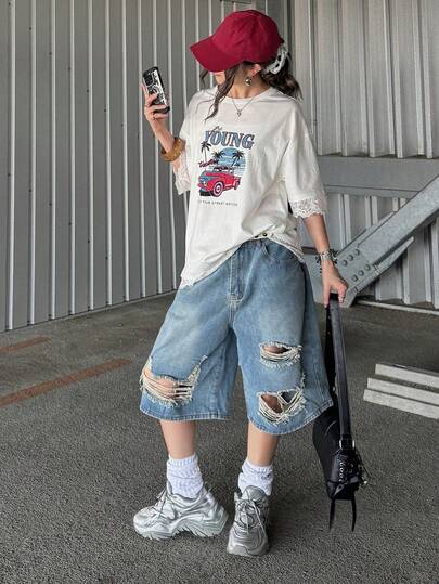FRIFUL Women's Summer Solid Color Short Sleeve Patchwork Sheer Lace Fabric Letter Print Loose Casual Versatile T-Shirt Graphic Tee