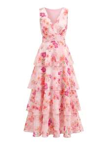 Vestido de falda larga y elegante para mujer, vestido de diosa con cuello en V y cintura elástica, adecuado para banquetes y fiestas en otoño/invierno, color marrón - Rosa Pálido - Ver 4