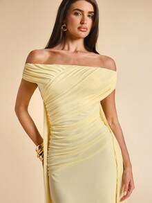 SHEIN BAE Summer Elegant Romantic Pale Yellow Ruched Dress,Tropical Cocktail Party Dinner Style,Ideal For Beach Vacations,Parties,Music Festivals,Nightclubs - Light Yellow - View 6