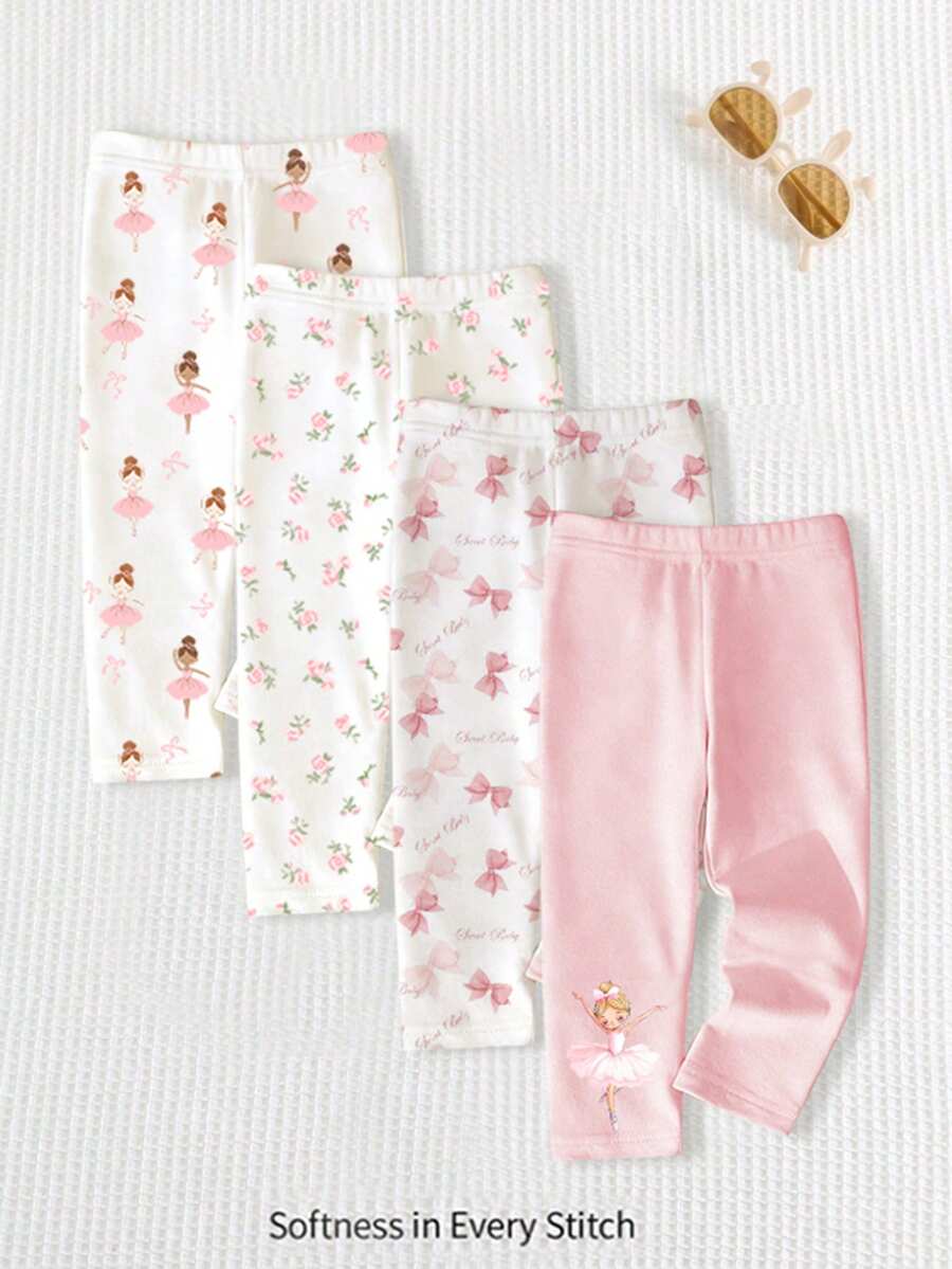 SHEIN Playful Pals 4件套女婴纯色弹力腰带打底裤/长裤/紧身裤,婴儿下装套装,可爱爱心印花设计,百搭甜美,春夏装扮,舒适透气,时尚女童套装,休闲穿着,儿童花卉图案服装,春夏套装,新款,清凉舒适,春日气息,暑假必备 - 彩色 - 查看 1