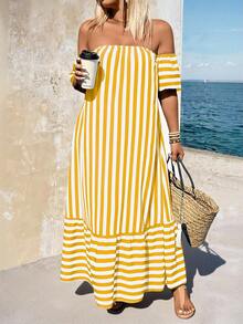 Breezaya Plus Size Striped Print Fitted Ruffle Hem Short Sleeve Dress - Yellow - View 4
