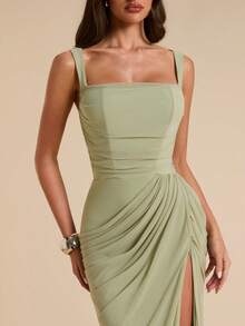 SHEIN BAE Sage Green Women's Ruched Bandeau Fitted High Slit Dress, Tight Elegant Flowing Suitable For Vacation, Beach, Bridesmaid, Wedding, Spring/Summer - Green - View 4