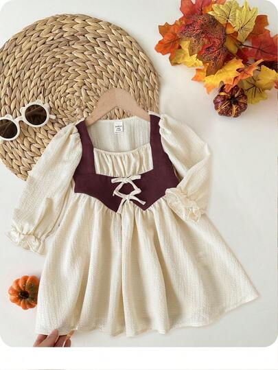 SHEIN LMoss Kids Babygirl Cute Colorblock Long Sleeve Dress, Vacation Style