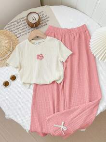 LMoss Kids LMoss 少女两件套：少女提花连体衣上衣和纹理阔腿裤套装 - 粉色 - 查看 3
