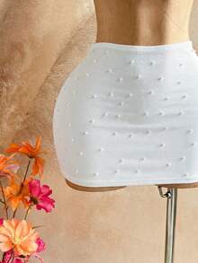 Soleia Women's Summer Vacation Beach Faux Pearl Beaded Bodycon Mini Skirt - White - View 3
