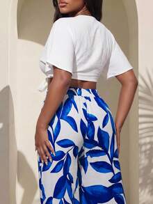 Truni Sometimesglam Plus Size All-Over Print Belt Tie Waist Wide Leg Pants, For Pear Triangle Body Shape, For Summer - Blue - View 2