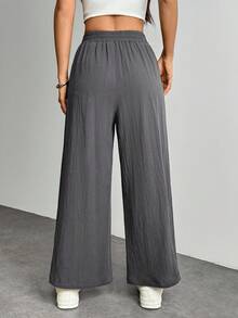 SHEIN PETITE Pantaloni casual in lino color cachi corti, pantaloni da lavoro autunnali per donna - Grigio Scuro - Visualizzare 3