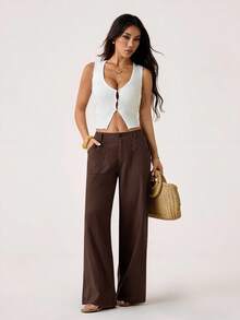 SHEIN PETITE Quần ống đứng cạp thấp, chất liệu 100% cotton đã qua xử lý giặt. - Cà phê nâu - Xem 5