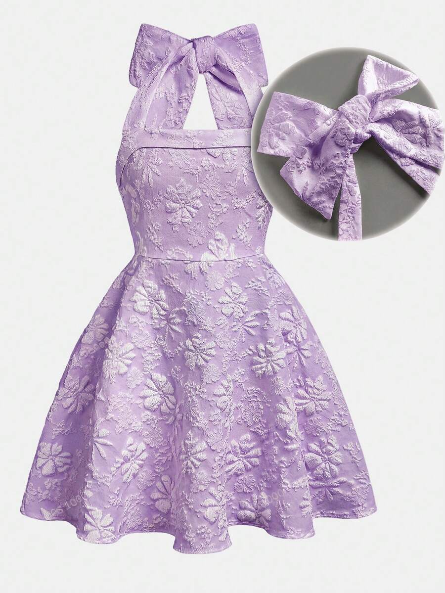 Girlism Gaun Elegan Jacquard Putih Model Halter dengan Pita untuk Remaja Perempuan - Purple - View 1