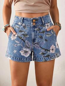 SHEIN LUNE Shorts vaqueros casuales de mujer con estampado floral, cintura alta y bolsillos en diagonal - Azul - Ver 2