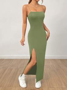 PETITE Women's Long Black Dress With High Slit Strap And Solid Color - Army Green - View 4