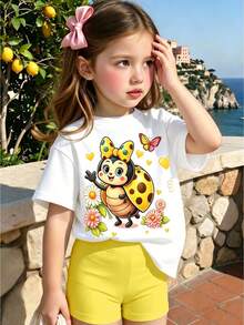 Cute Ladybug Print Colorblock Bow Tee And Shorts 2Pcs Set For Baby Girls, Refreshing Sweet Daily Outfit, Suitable For Spring/Summer, Daily Wear, Outdoor Play, Beach Holiday, Weekend Outing - Multicolor - View 3