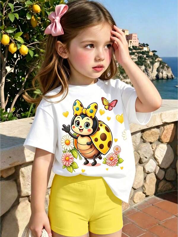 Cute Ladybug Print Colorblock Bow Tee And Shorts 2Pcs Set For Baby Girls, Refreshing Sweet Daily Outfit, Suitable For Spring/Summer, Daily Wear, Outdoor Play, Beach Holiday, Weekend Outing