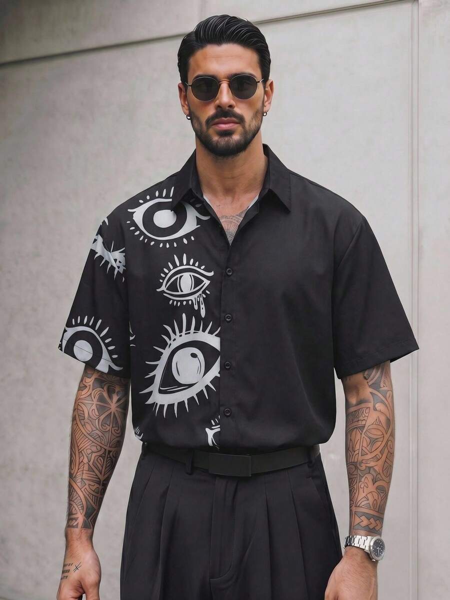 Manfinity RebelGame Men's Casual Eye Print Button Front Short Sleeve Shirt,Black Summer Streetwear Graphic Designer Button Up Shirt For City Break - Multicolor - View 1