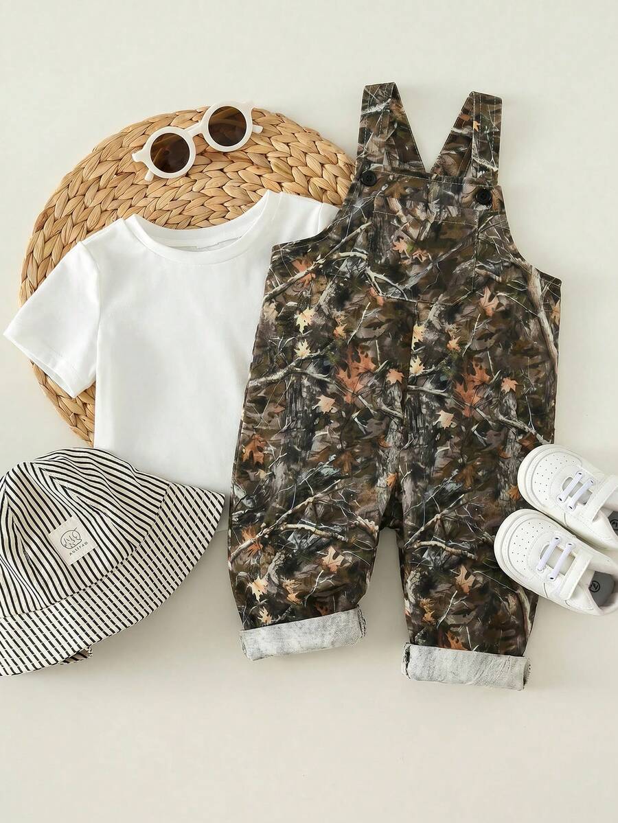 SHEIN 男女宝宝可爱奶牛印花牛仔背带裤连体衣,春夏男宝宝服装套装 - 彩色 - 查看 1