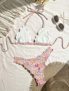 Swim Mod Bộ bikini nữ màu trơn, chất liệu co giãn cao, có viền xếp ly, thích hợp cho kỳ nghỉ. - Nhiều màu - Xem 2