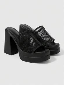 ROMWE Goth 女士哥德龐克風花卉刺繡性感時尚蕾絲網布露趾厚底一腳蹬高跟涼鞋，通勤度假夜店派對假期女鞋 - 黑色 - 查看 2