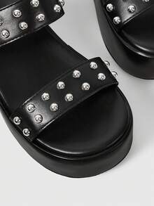 ROMWE Grunge Punk Sandalias negras de verano con puntera abierta, con cristales brillantes, estilo gótico Y2K para mujeres, sandalias de plataforma transparente con cuña dulce, para Halloween - Mate negro - Ver 4