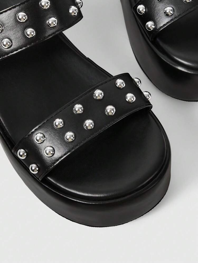ROMWE Grunge Punk Giày sandal đen hở mũi mùa hè đính đá lấp lánh phong cách Y2K Gothic dành cho nữ, sandal đế xuồng trong suốt đính pha lê, thích hợp cho lễ hội Halloween. - Màu đen mờ - Xem 4