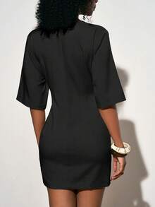 Zivah Chic Black Summer Round Neck Short Sleeve Fitted Linen Mini Dress For Brunch,Vacation,Beach,Party,Wedding Guest,Commute & Casual Daily Wear - Black - View 2