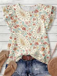 EMERY ROSE Blusa de mujer con mangas de volantes, diseño de estampado floral, ambiente elegante, adecuada para uso diario y vacaciones, verano - Multicolor - Ver 1