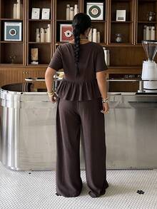 Muchica 2pcs Plus Size Women Textured Ruffle Hem T-Shirt And Drawstring Waist Casual Pants Set - Black - View 2