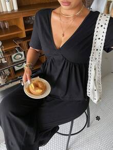 Muchica Plus Size Women's Solid Color Short Sleeve Ruffle Hem T-Shirt And Wide Leg Pants Casual 2-Piece Set Vacation Black Summer - Black - View 3