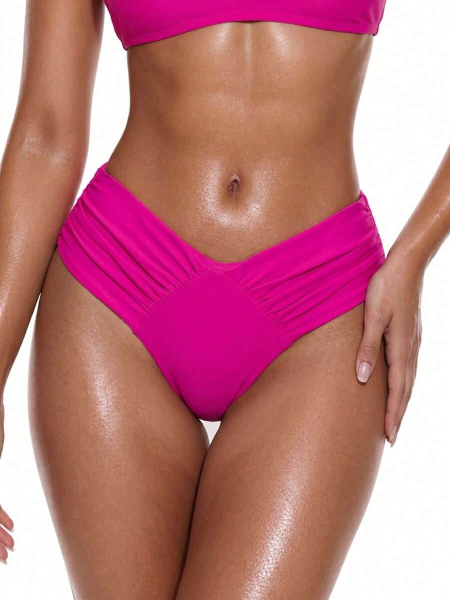 Swim Basics Women's Solid Color V-Neck Swimwear Bottom, Sexy And Minimalist Design For Daily Casual Wear For Summer Beach Vacation - Hot Pink - View 1