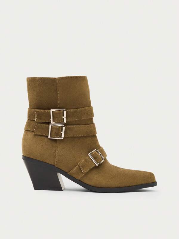 Nöista Soft Faux Suede Ankle Boots With Buckle Strap, Pointed Toe And Sculpted Heel, Creating A Modern Western Style