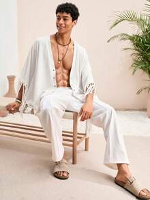 Manfinity VCAY 男士休闲流苏V领开襟七分袖衬衫 - 白色 - 查看 6