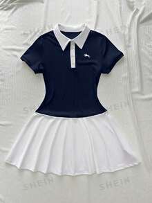 Flirla 大尺碼女款學院風拼色 Polo 領極簡運動休閒洋裝 - 藏蓝色 - 查看 1