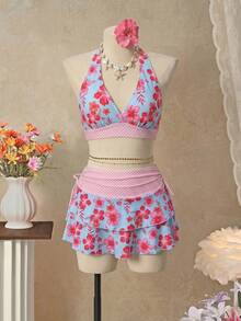 Bellisia 26SS Orange Halter Neck Triangle Bikini Top With Matching Skirt 3 Pieces Set, Beach/Resort Wear - Multicolor - View 1