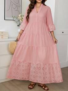 SHEIN LUNE Vestido con cuello en V, dobladillo con volantes y bordado calado para mujer de talla grande - Rosa - Ver 5